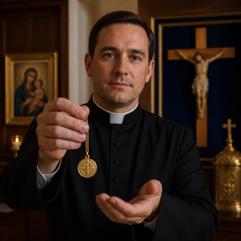Padre apresentando a Medalha de São Bento